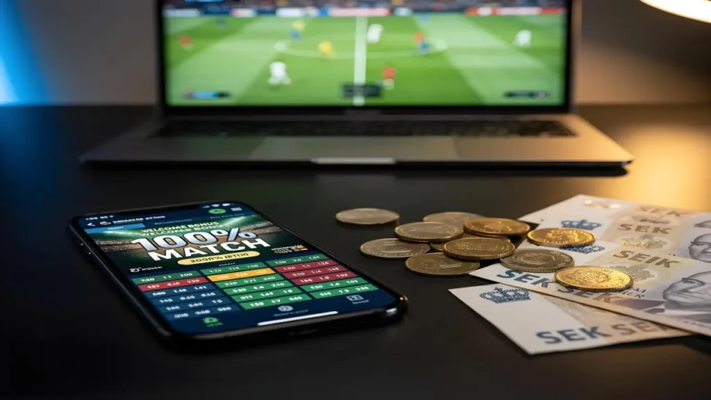 Smartphone showing betting bonus offer with Swedish kronor, coins, and laptop displaying sports match
