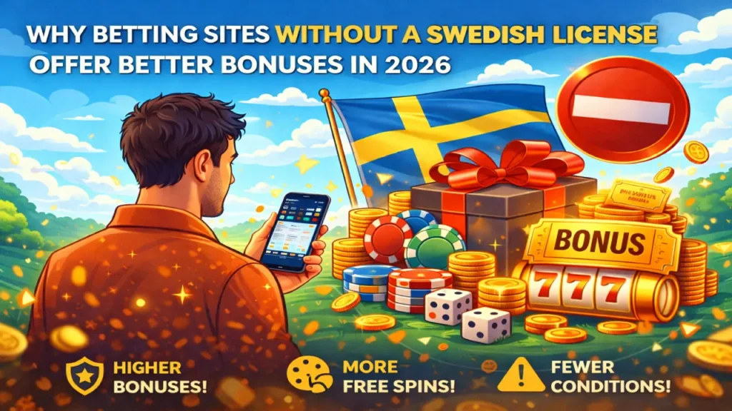 Illustration of betting bonuses without Swedish license with gift box, coins, and mobile betting app