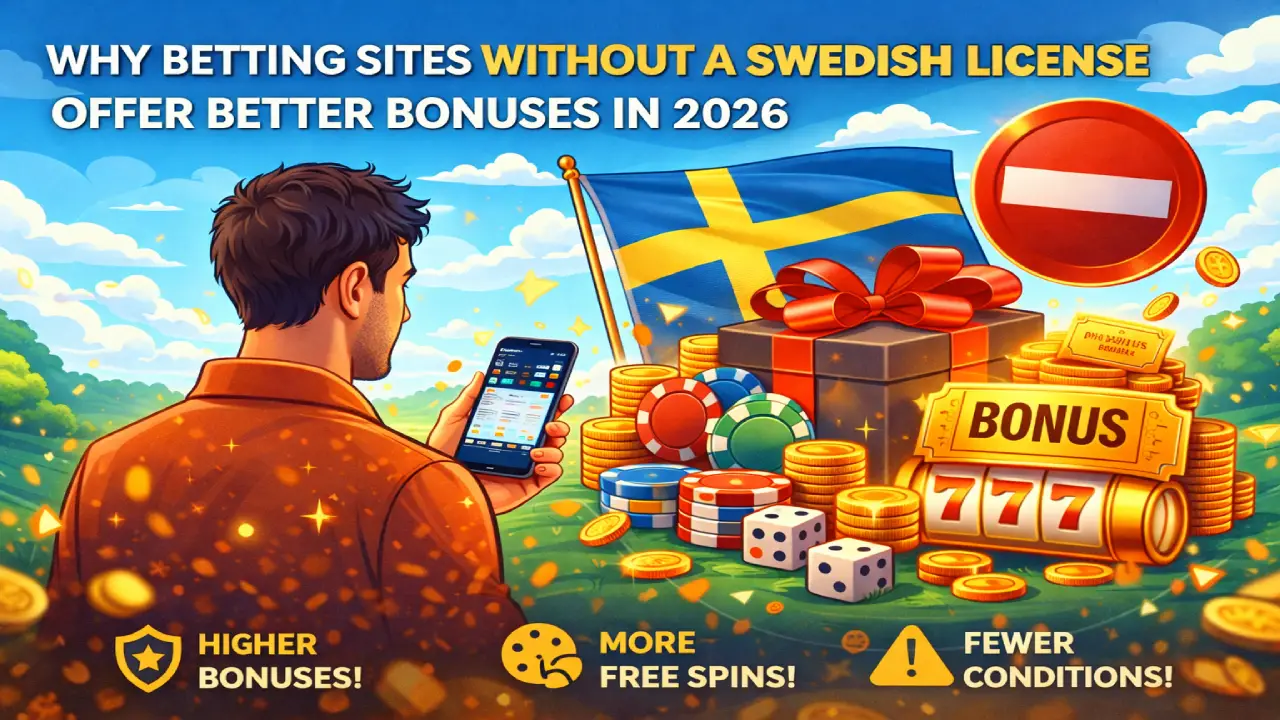 Illustration of betting bonuses without Swedish license with gift box, coins, and mobile betting app